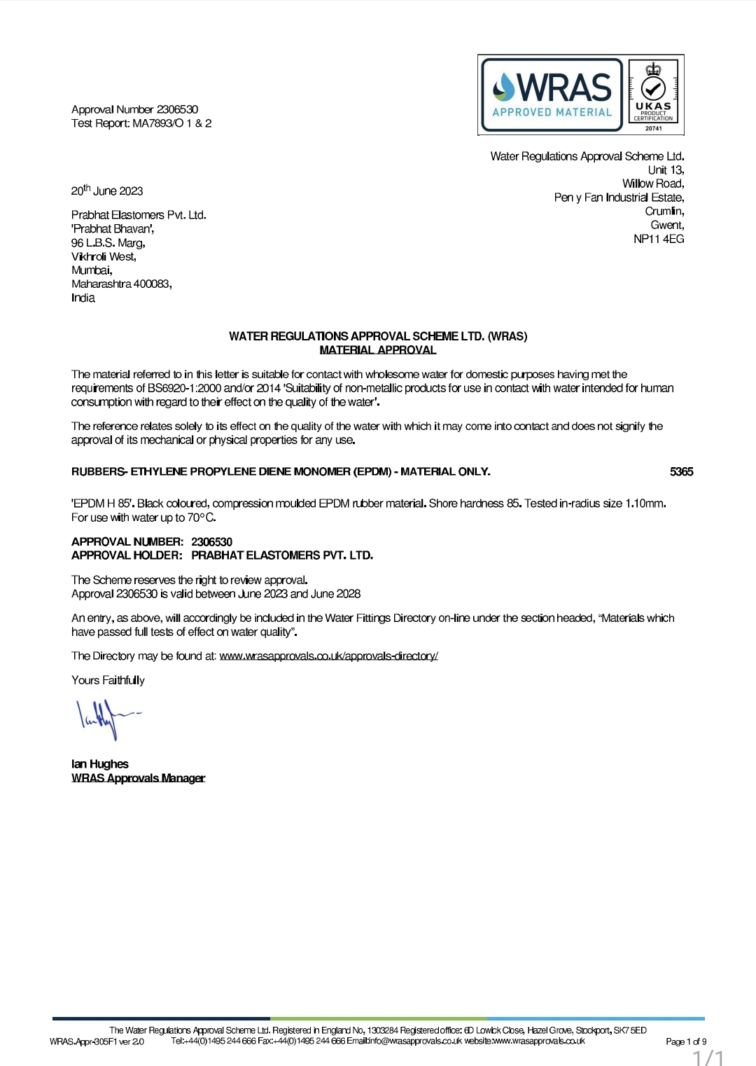 WRAS – Cementitious Lining<br><small>Truform Techno Products Pvt. Ltd. | Approval No. 240655014</small>