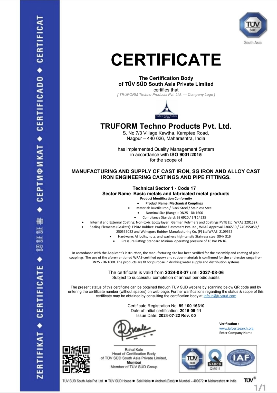 ISO 9001:2015 Certificate & Certificate of Conformity<br><small>TÜV SÜD South Asia Pvt. Ltd. | Valid 2024–2027</small>