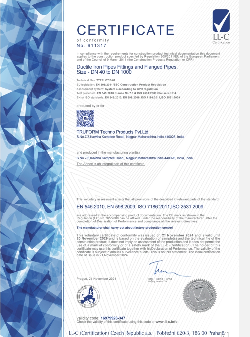 Certificate of Conformity – EN 545 / EN 598 / ISO 2531<br><small>LL-C Certification | Ductile Iron Pipe Fittings DN40–DN1000</small>